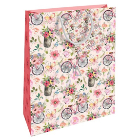 Nekupto Papierová darčeková taška 32,5 x 26 x 13 cm Kvety, motýle, bicykle