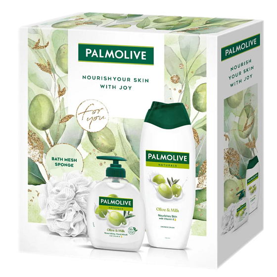 Palmolive Naturals Olive & Milk tekuté mydlo 300 ml + sprchový gél 500 ml + umývacia huba, kozmetická sada