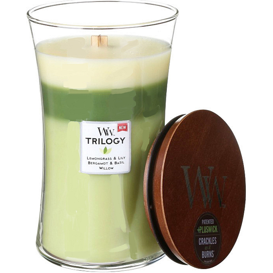 Woodwick Trilogy Garden Oasis - Záhradná oáza vonná sviečka s dreveným knôtom a viečkom sklo veľká 609,5 g