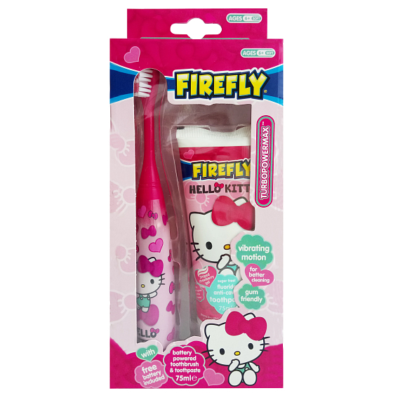 Hello Kitty 6+ Turbo elektrický kefka na zuby mäkký na batérie + a žuvačky zubná pasta 75 ml
