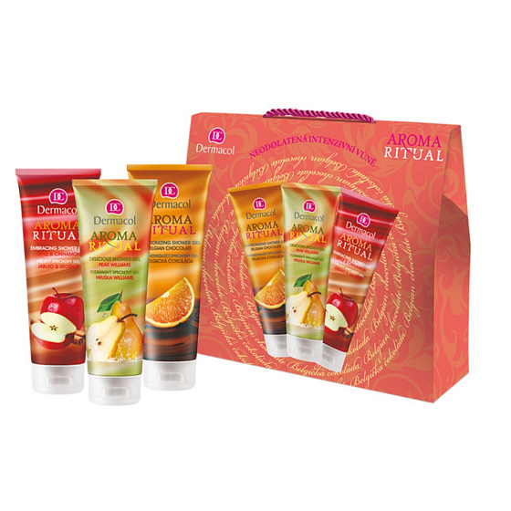 Dermacol Aroma Ritual Jablko so škoricou sprchový gél 250 ml + Hruška Williams sprchový gél 250 ml + Belgická čokoláda sprchový gél 250 ml, kozmetická sada