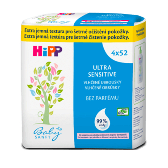 HiPP Babysanft Ultra Sensitive čistiace vlhčené obrúsky bez parfumu 4 x 52 kusov