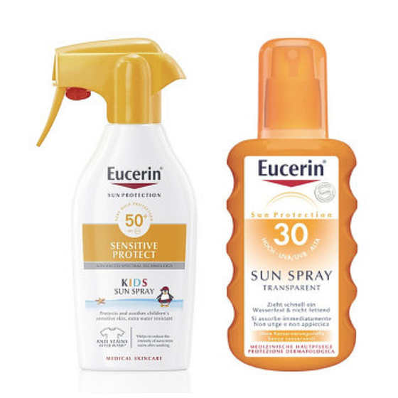 Eucerin Sun Sensitive Protect SPF 50 sprej na opaľovanie 200 ml + SPF30 transparentné sprej pre deti 200 ml