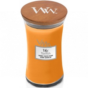 Woodwick Caramel Toasted Sesame - Sezamové sušienky s karamelom vonná sviečka s dreveným knôtom a viečkom sklo veľká 609 g