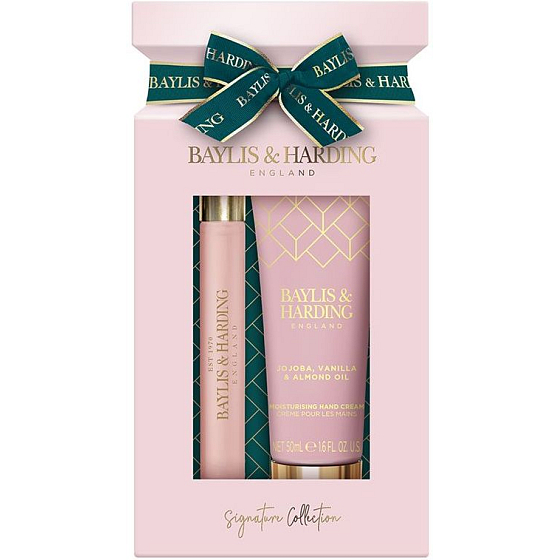 Baylis & Harding Jojoba, Vanilka & Mandľový olej krém na ruky 50 ml + parfum s roll-on aplikátorom 12 ml, darčeková sada pre ženy
