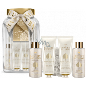 Grace Cole Warm Vanilla & Sweet Almond telový krém 50 ml + krém na ruky a nechty 50 ml + pena do kúpeľa 100 ml + gél na umývanie 100 ml + špongia na umývanie + sklenená nádoba, kozmetická sada pre ženy