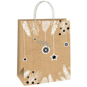 Ditipo Darčeková papierová taška 18 x 8 x 24 cm Vianočné svetlohnedé vetvičky, šišky, ozdoby