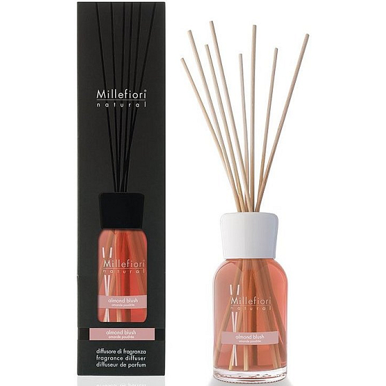 Millefiori Milano Natural Almond Blush - Mandľový prášok Difuzér 250 ml + 8 stebiel v dĺžke 30 cm do stredne veľkých priestorov vydrží minimálne 3 mesiace