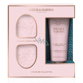 Baylis & Harding Krém na nohy s jojobovým, vanilkovým a mandľovým olejom 125 ml + super mäkké ponožky 1 pár, kozmetická sada pre ženy