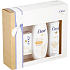 Dove Silk Glow vyživujúce sprchový gél 250 ml + toaletné mydlo 100 g + Silk Dry antiperspirant sprej 150 ml, kozmetická sada