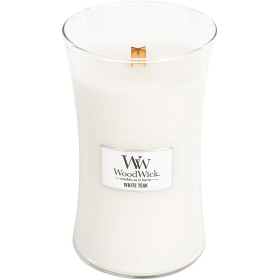 Woodwick White Teak - Biely teak vonná sviečka s dreveným knôtom a viečkom sklo veľká 609,5 g
