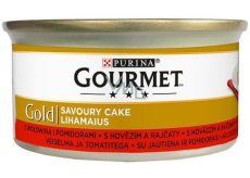 Gourmet Gold Savoury Cake hrubá paštéta s hovädzím mäsom a paradajkami v konzerve pre dospelé mačky 85 g