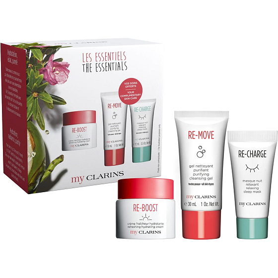 Clarins MyClarins Loyalty VP Re-Boost hydratačný krém 50 ml + Re-Move čistiaci gél 30 ml + Re-Charge relaxačný nočný maska 15 ml, kozmetická sada