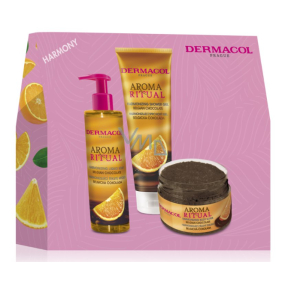 Dermacol Aroma Ritual Harmonizujúce tekuté mydlo s belgickou čokoládou 250 ml + Harmonizujúci sprchový gél s belgickou čokoládou 250 ml + Harmonizujúci telový peeling s belgickou čokoládou 200 g, kozmetická sada pre ženy