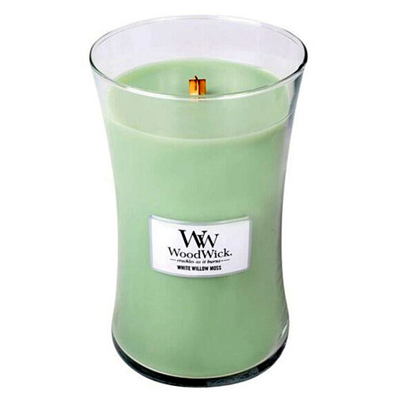Woodwick White Willow Moss - Vrba a Mach vonná sviečka s dreveným knôtom a viečkom sklo veľká 609,5 g