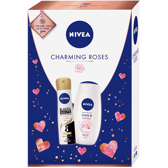 Nivea Charming Roses sprchový gél pre ženy 250 ml + Black & White Silky Smooth antiperspirant sprej pre ženy 150 ml, kozmetická sada