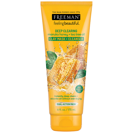Freeman Feeling Beautiful Manukový med a Tea Tree olej kaolínové čistiaca ílová maska pre mastnú a poničenú pleť 175 ml