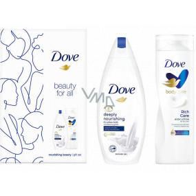 Dove Beauty For All Deeply Nourishing sprchový gél 250 ml + Rich Care telové mlieko 250 ml, kozmetická sada