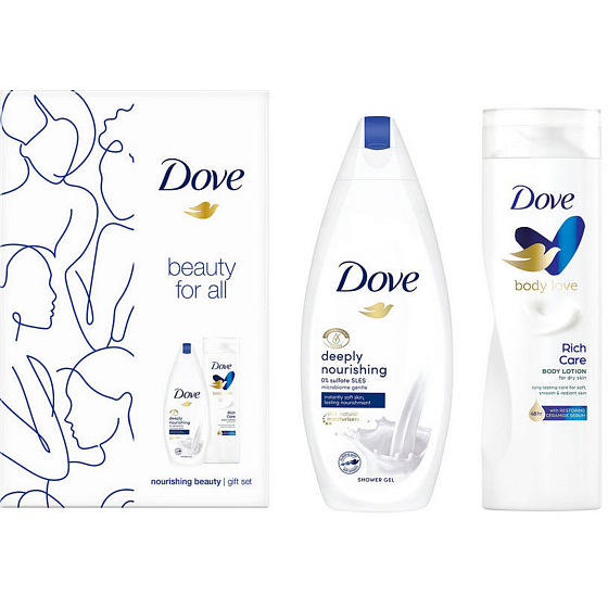 Dove Beauty For All Deeply Nourishing sprchový gél 250 ml + Rich Care telové mlieko 250 ml, kozmetická sada