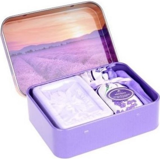 Esprit Provence Levanduľa toaletné mydlo 60 g + levanduľové vonné vrecúško + plechová krabička s obrázkom levanduľového poľa, kozmetická sada pre ženy