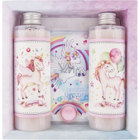 Bohemia Gifts Sprchový gél Unicorn 250 ml + šampón na vlasy 250 ml + hra, kozmetická sada pre deti