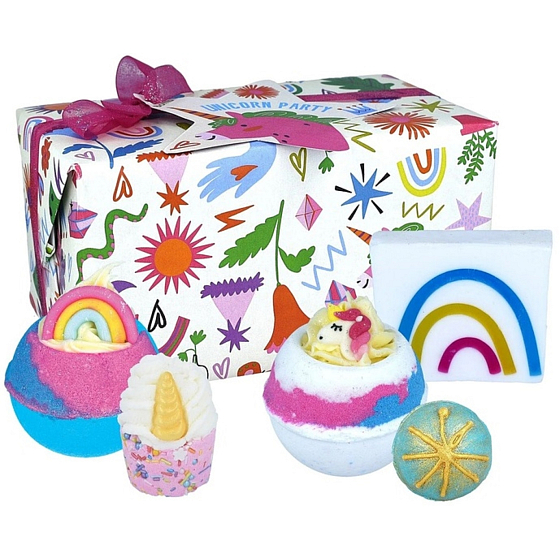 Bomb Cosmetics Unicorn Party 2 x šumivá bomba do kúpeľa 160 g + maslová guľa do kúpeľa 30 g + maslový vankúšik do kúpeľa 50 g + glycerínové mydlo 100 g, kozmetická sada