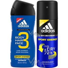 Adidas Sport Energy 3v1 sprchový gél na telo, vlasy a tvár pre mužov 250 ml + antiperspirant dezodorant sprej 150 ml, kozmetická sada