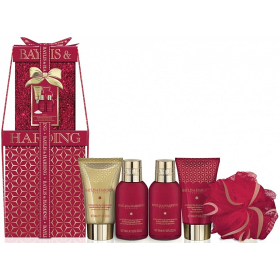 Baylis & Harding Fík a Granátové jablko sprchový gél 100 ml + sprchový krém 100 ml + telové mlieko 50 ml + krém na ruky 50 ml + kryštáliky do kúpeľa 25 g + masážna hubka, kozmetická sada