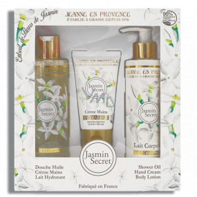 Jeanne en Provence Jasmin Secret - Tajomstvo Jasmínu sprchový olej 250 ml + telové mlieko 250 ml + krém na ruky 75 ml, kozmetická sada