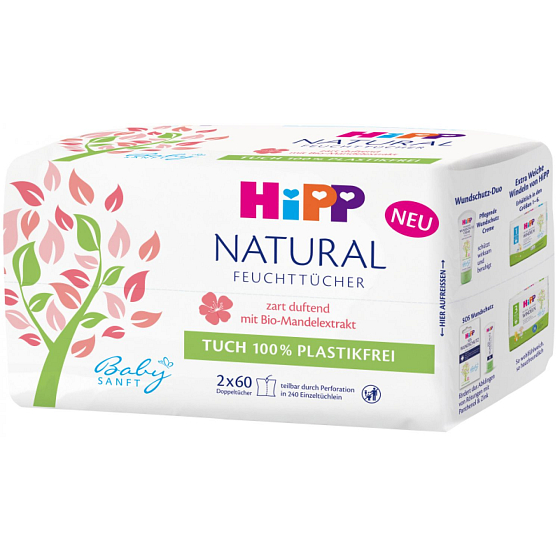 HiPP Babysanft Natural Sensitive čistiace vlhčené obrúsky pre deti bez mikroplastov 2 x 60 kusov