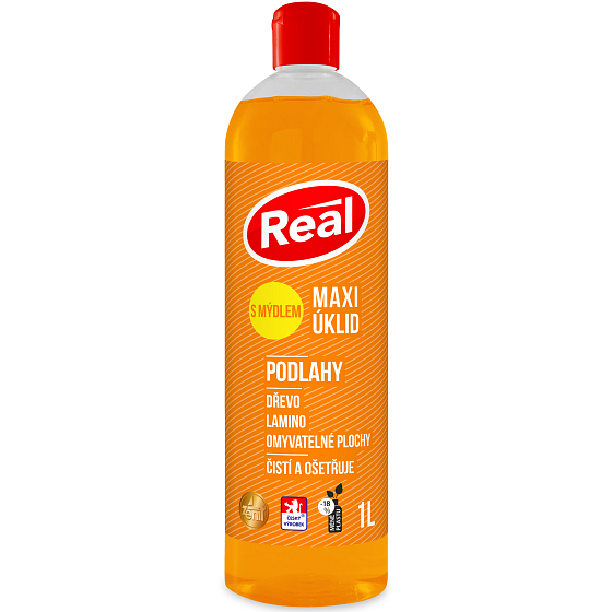 Real Maxi upratovanie Podlahy univerzálny antistatický čistiaci prostriedok s mydlom na drevo, lamino, umývateľné plochy 1 l