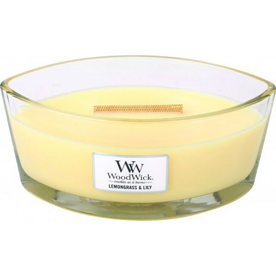 Woodwick Lemongrass & Lily - Citrónová tráva a ľalie vonná sviečka s dreveným širokým knôtom a viečkom loď 453 g