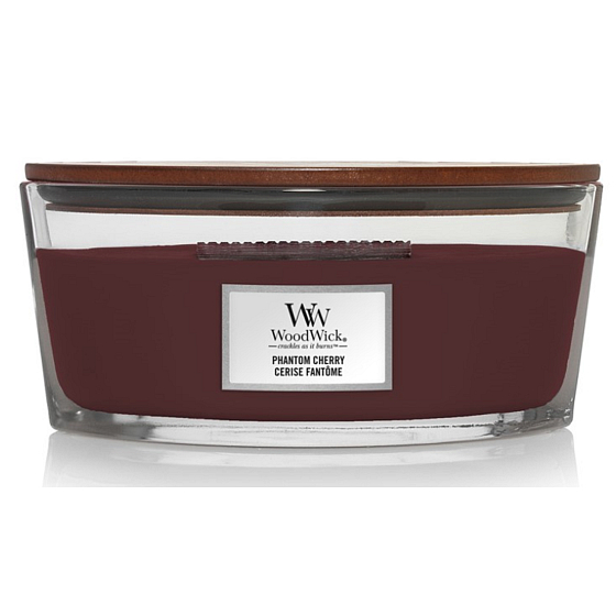 WoodWick Phantom Cherry - Prízračná čerešňa vonná sviečka s dreveným širokým knôtom a viečkom sklo loď 453 g