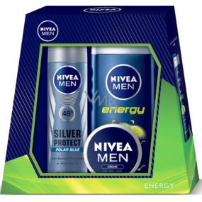 Nivea Men Energy sprchový gél 250 ml + Silver Protect Polar Blue antiperspirant dezodorant sprej 150 ml + univerzálny krém 30 ml, kozmetická sada