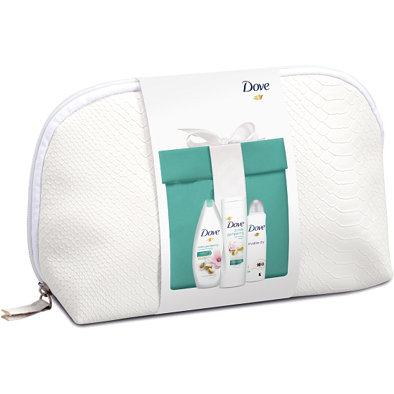 Dove Pistachio Purely Pampering Cream with Magnolia sprchovací gél 250 ml + Pistácie a magnólie telové mlieko 250 ml + Invisible Dry antiperspirant sprej 150 ml + etue, kozmetická sada