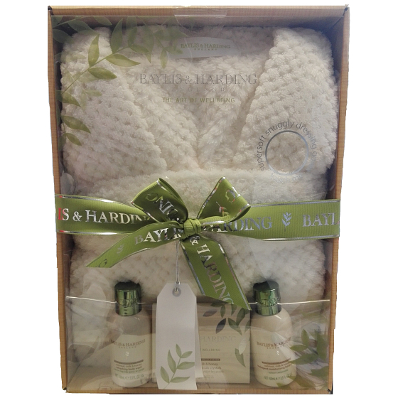 Baylis & Harding Ovsené vločky, Mlieko, Med tekuté telové mydlo 100 ml + telové mlieko 100 ml + kryštáliky pre kúpeľ nôh 75 g + biely bavlnený župan, kozmetická sada