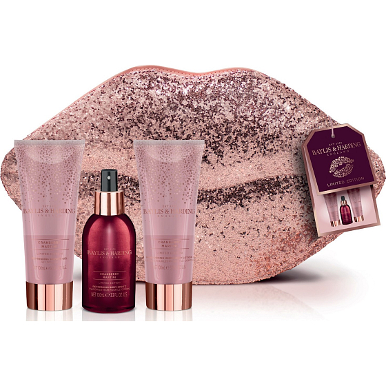Baylis & Harding Brusnicové Martini telový sprej 100 ml + sprchový gél 100 ml + telové mlieko 100 ml + večerné listová kabelka, kozmetická sada