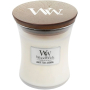 WoodWick White Tea & Jasmine - sviečka s vôňou bieleho čaju a jazmínu s dreveným knôtom a skleneným viečkom stredná 275 g