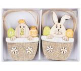 Drevený závesný košík so sliepkou a zajacom 8,5 cm 4 kusy v krabici