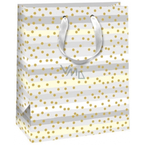 Ditipo Darčeková papierová taška 26,4 x 13,6 x 32,7 cm šedo-biela, pruhovaná, zlatá kolieska Glitter