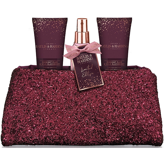 Baylis & Harding Polnočná slivka a Divoká ostružina telový sprej 100 ml + sprchový gél 100 ml + mlieko na ruky a telo 100 ml + kabelka, kozmetická sada