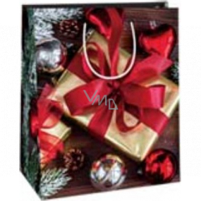 Ditipo Darčeková papierová taška 26,4 x 13,6 x 32,7 cm Vianočný zlatý darček s červenou mašľou