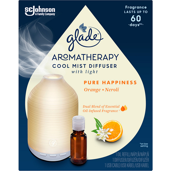 Glade Aromatherapy Cool Mist Difuzér Pure Happiness Orange + Neroli Difuzér s led podsvietením, farba biela, 1 + 17,4 ml