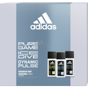 Adidas Pure Game parfumovaný dezodorant 75 ml + Ice Dive parfumovaný dezodorant 75 ml + Dynamic Pulse parfumovaný dezodorant 75 ml, kozmetická sada pre mužov
