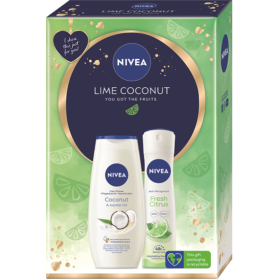 Nivea Lime Coconut Coconut & Jojoba Oil krémový sprchový gél 250 ml + antiperspirant dezodorant v spreji Fresh Citrus 150 ml, kozmetická sada pre ženy