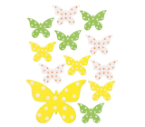 Motýle drevené s lepidlom 3 farby 4 cm, 12 kusov vo vrecku