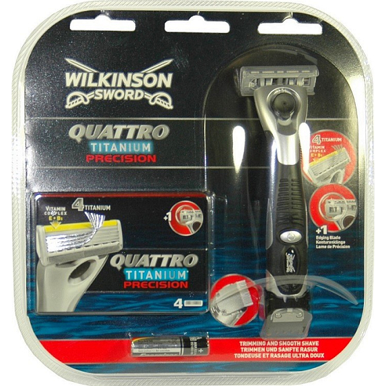 Wilkinson Quattro Titanium Precision holiaci strojček 1 kus a 4 náhradné hlavice, kozmetická sada