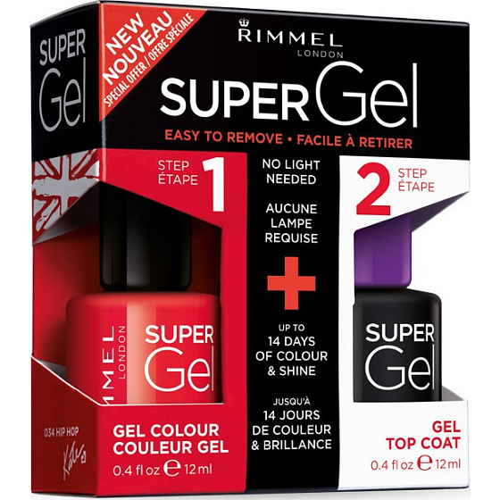 Rimmel London Super Gél by Kate lak na nechty 034 Hip Hop 12 ml + Super Gel Top Coat krycí lak na nechty 001 Transparent 12 ml, duopack