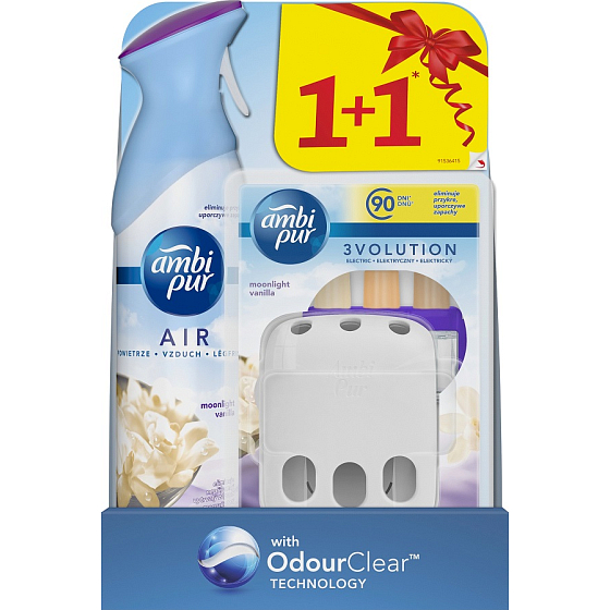 Ambi Pur 3 Volution Moonlight Vanilla elektrický osviežovač náplň 3 x 20 ml + osviežovač vzduchu sprej 300 ml, duopack