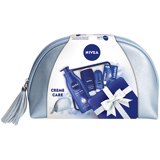 Nivea Body Milk telové mlieko 400 ml + Creme Care sprchový gél 250 ml + Protect & Care guľôčkový antiperspirant 50 ml + Labello Original balzam na pery 4,8 g + etue, kozmetická sada